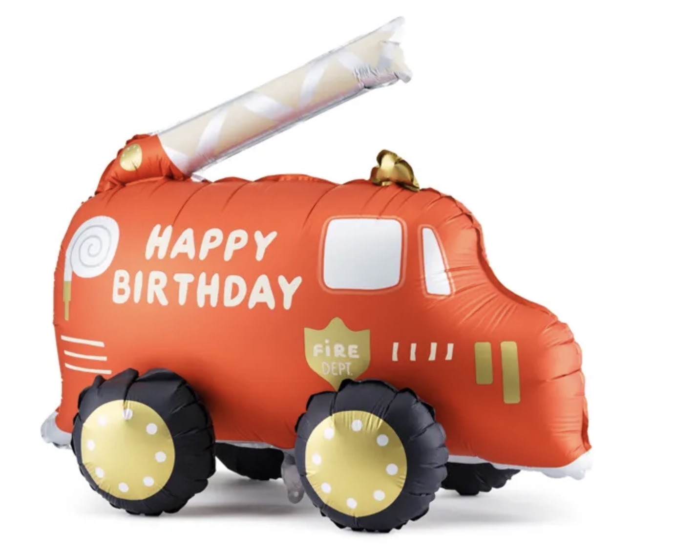 Red air-filled fire-engine balloon standing on black and gold inflatable wheels, with an extended ladder.