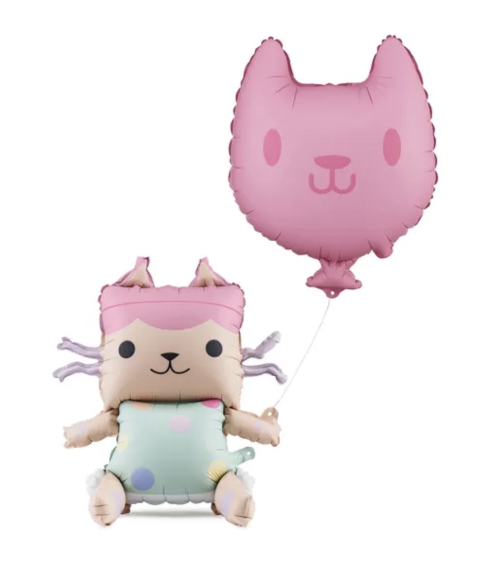 Gabby’s Dollhouse cat character in a mint outfit, paired with a pink cat-head balloon.