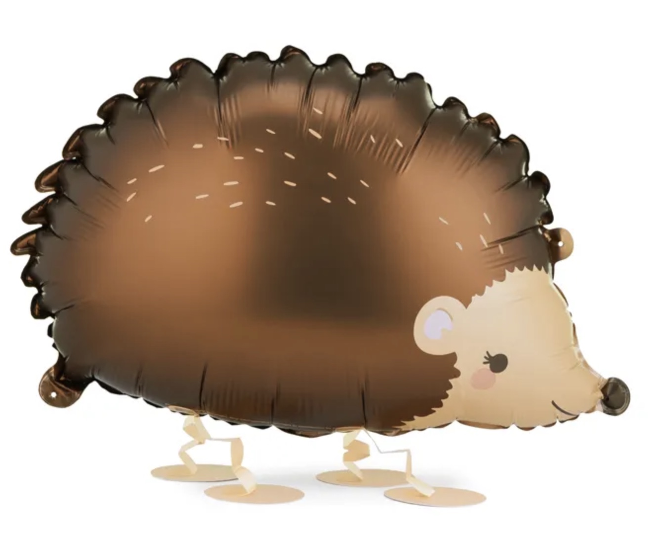 Brown hedgehog foil balloon with a smiling face, soft illustrated details and ribbon legs.