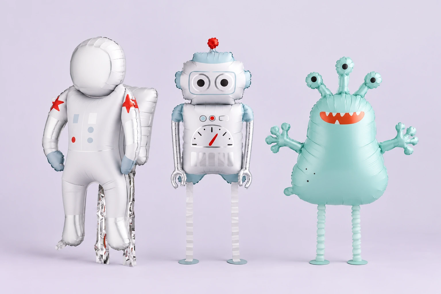 Astronaut, robot and three-eyed alien foil balloons in a clean studio composition on a pale lilac backdrop.