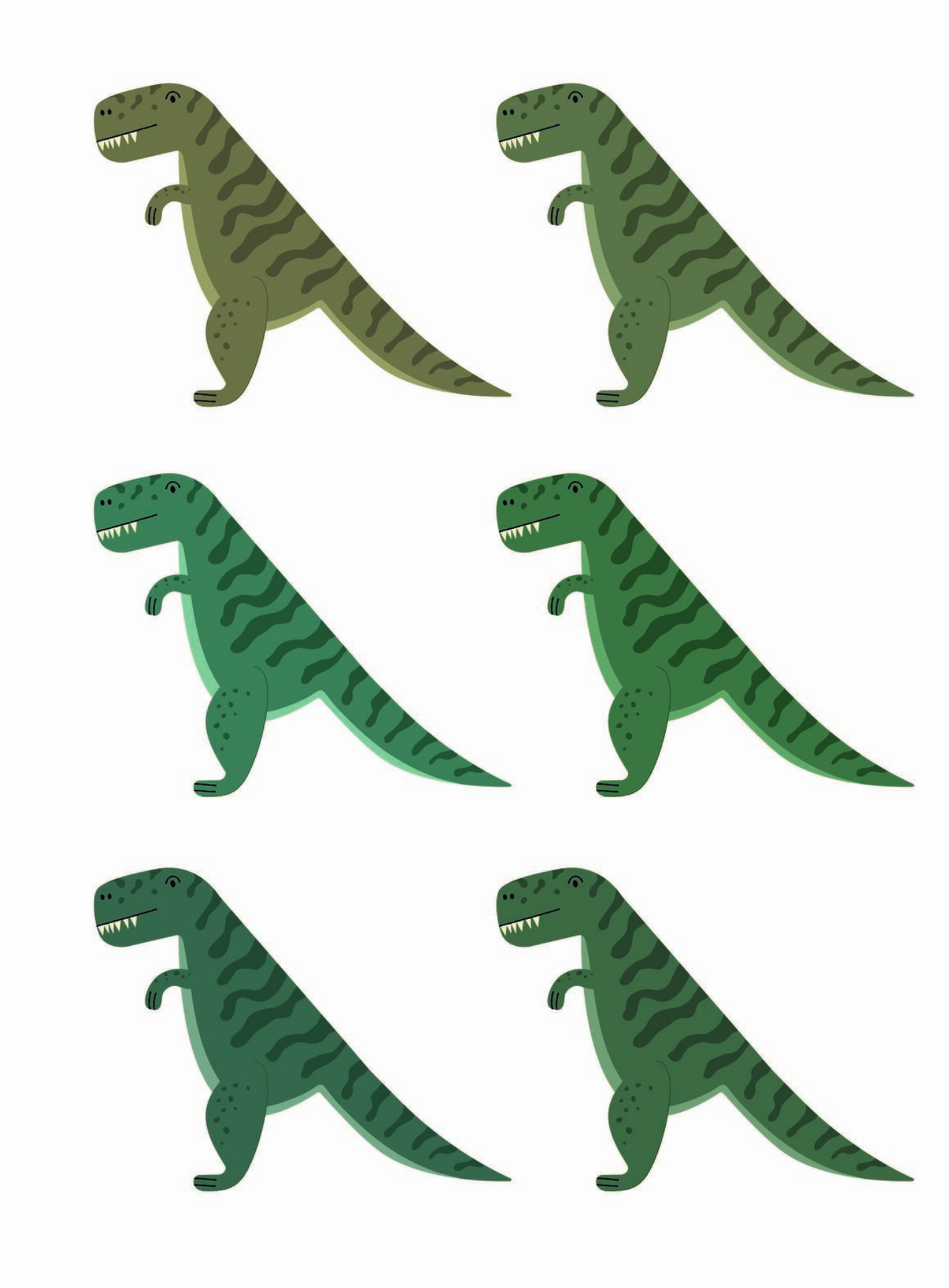 Six original T-Rex illustration studies comparing muted olive and darker green colour treatments.