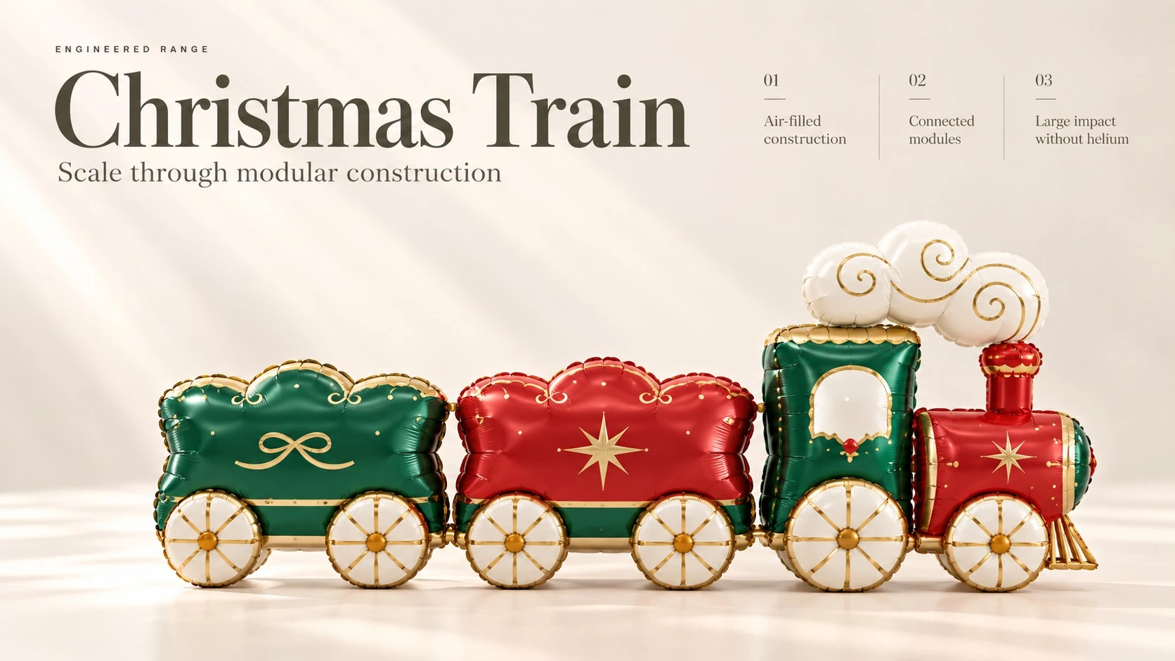 Christmas Train portfolio board showing connected air-filled carriages.
