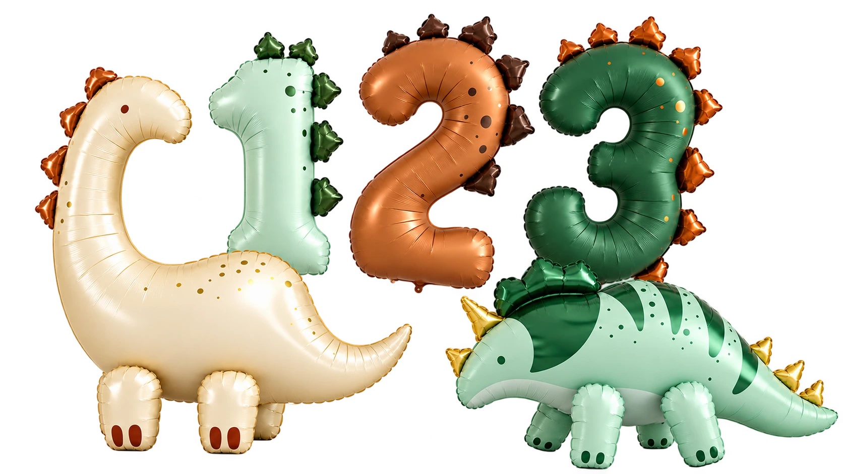 Original dinosaur foil balloons alongside the related dinosaur-number designs.