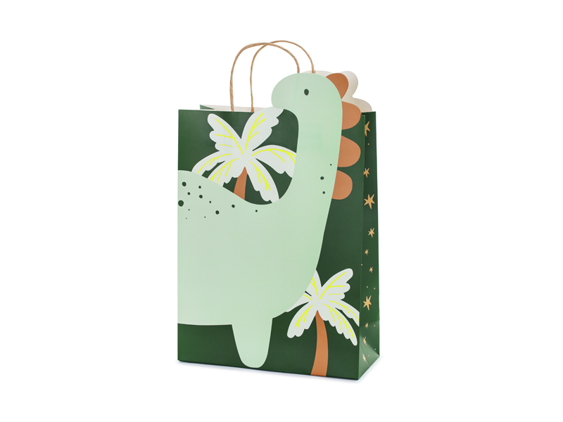 Dinosaur-shaped gift bag with an illustrated palm-tree pattern.