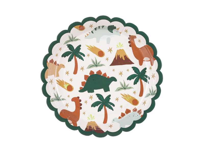 Dinosaur plate showing Joanna’s pattern of dinosaurs, palms, volcanoes and shooting stars.