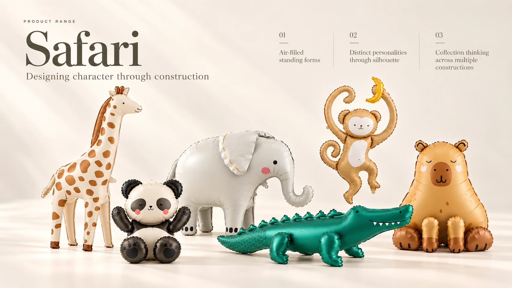 Safari portfolio board presenting the animal balloon designs as a collection.